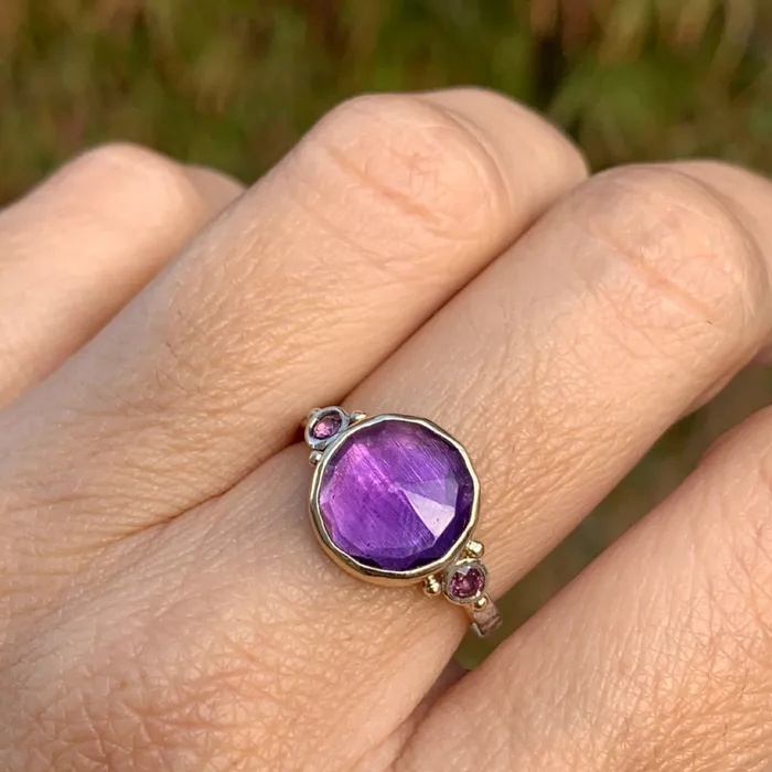 Emily Amey Jewelry Rings Round Amethyst Ring with Side Rhodolites in 14k gold and sterling silver