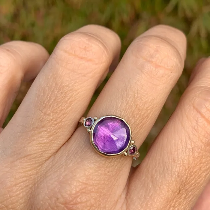 Emily Amey Jewelry Rings Round Amethyst Ring with Side Rhodolites in 14k gold and sterling silver