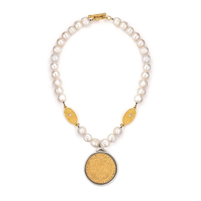 French Kande Necklaces 17 Freshwater Pearl Necklace with 14k Gold Medallion French Kande Necklaces 17 Freshwater Pearl Necklace with 14k Gold Medallion