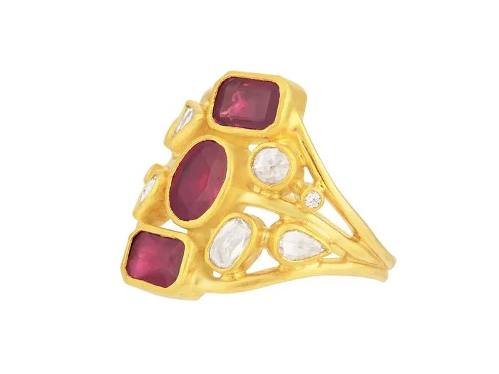 GG GOLD OOAK Rings GURHAN Pointelle Gold Ruby Cocktail Ring Mixed Stone Cluster on Graduated Band GG GOLD OOAK Rings GURHAN Pointelle Gold Ruby Cocktail Ring Mixed Stone Cluster on Graduated Band