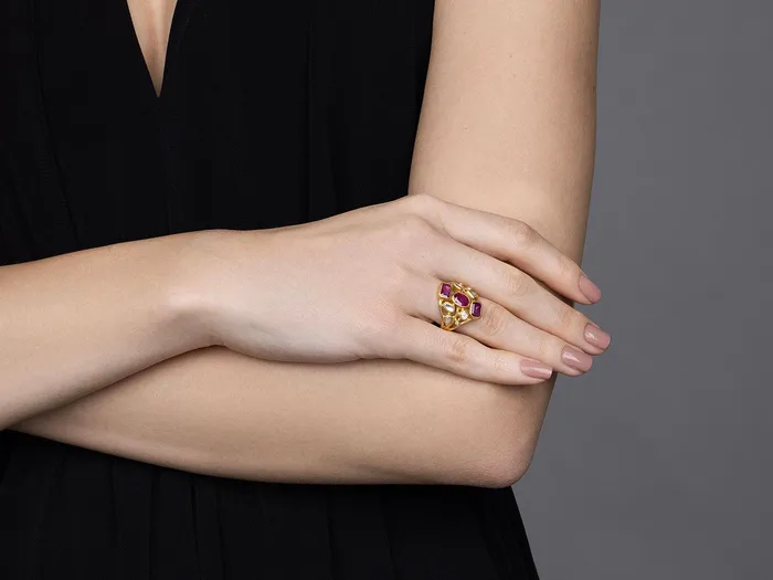 GG GOLD OOAK Rings GURHAN Pointelle Gold Ruby Cocktail Ring Mixed Stone Cluster on Graduated Band GG GOLD OOAK Rings GURHAN Pointelle Gold Ruby Cocktail Ring Mixed Stone Cluster on Graduated Band