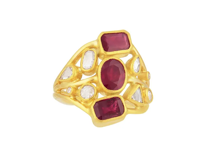 GG GOLD OOAK Rings GURHAN Pointelle Gold Ruby Cocktail Ring Mixed Stone Cluster on Graduated Band GG GOLD OOAK Rings GURHAN Pointelle Gold Ruby Cocktail Ring Mixed Stone Cluster on Graduated Band