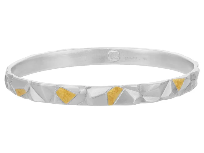 GG SILVER CLR GURHAN Century Sterling Silver Stacking Bangle Bracelet Jagged Surface Gold Accents Bracelets GG SILVER CLR GURHAN Century Sterling Silver Stacking Bangle Bracelet Jagged Surface Gold Accents Bracelets