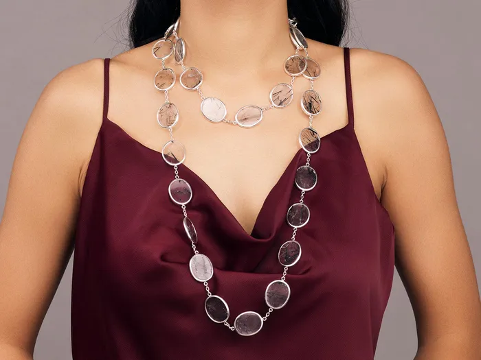GG SILVER OOAK Necklaces GURHAN Rune Sterling Silver Rutilated Quartz Link Long Necklace Mixed Oval Flat Stones Gold Accents