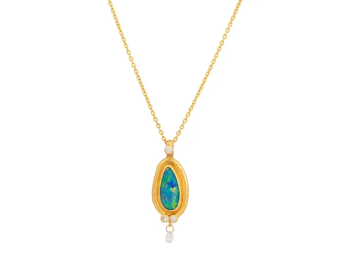 GURHAN Muse Gold Opal Pendant Necklace 12x6mm Teardrop set in Wide Frame GG GOLD OOAK Necklaces GURHAN Muse Gold Opal Pendant Necklace 12x6mm Teardrop set in Wide Frame GG GOLD OOAK Necklaces
