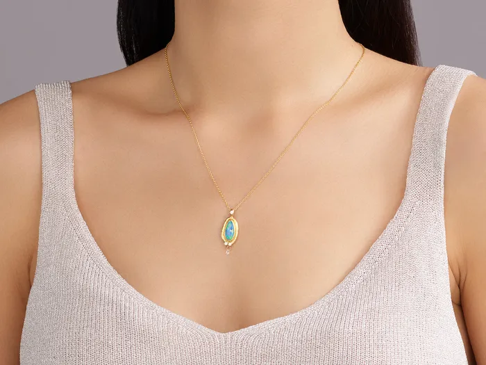 GURHAN Muse Gold Opal Pendant Necklace 12x6mm Teardrop set in Wide Frame GG GOLD OOAK Necklaces GURHAN Muse Gold Opal Pendant Necklace 12x6mm Teardrop set in Wide Frame GG GOLD OOAK Necklaces