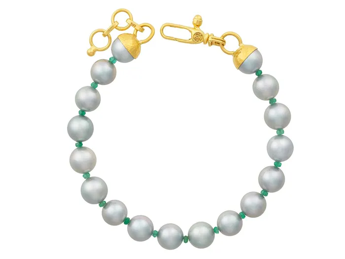 GURHAN Oyster Gold Pearl and Emerald Beaded SingleStrand Bracelet 7mm Round GG GOLD OOAK Bracelets GURHAN Oyster Gold Pearl and Emerald Beaded SingleStrand Bracelet 7mm Round GG GOLD OOAK Bracelets