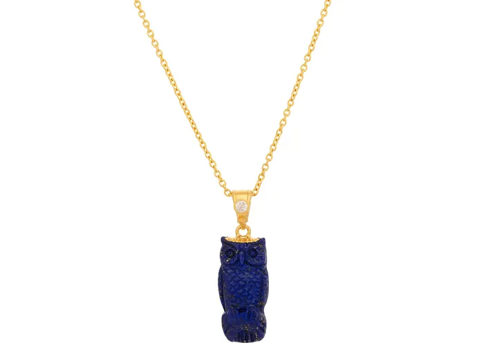 GURHAN Rune Gold Lapis Pendant Necklace 24x12mm Carved Owl GG GOLD OOAK Necklaces GURHAN Rune Gold Lapis Pendant Necklace 24x12mm Carved Owl GG GOLD OOAK Necklaces