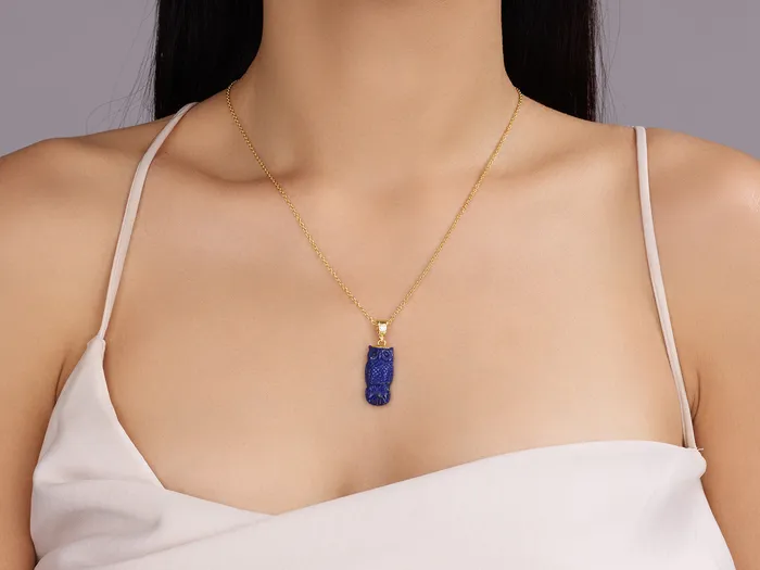 GURHAN Rune Gold Lapis Pendant Necklace 24x12mm Carved Owl GG GOLD OOAK Necklaces GURHAN Rune Gold Lapis Pendant Necklace 24x12mm Carved Owl GG GOLD OOAK Necklaces