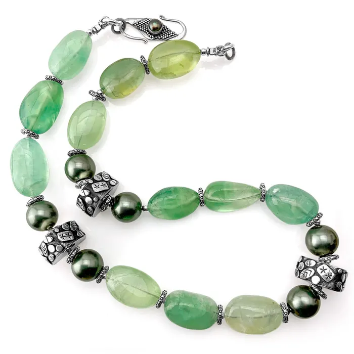 Necklaces Elisa Ilana Prehnite Tumble Necklace with Faux Tahitian Pearls