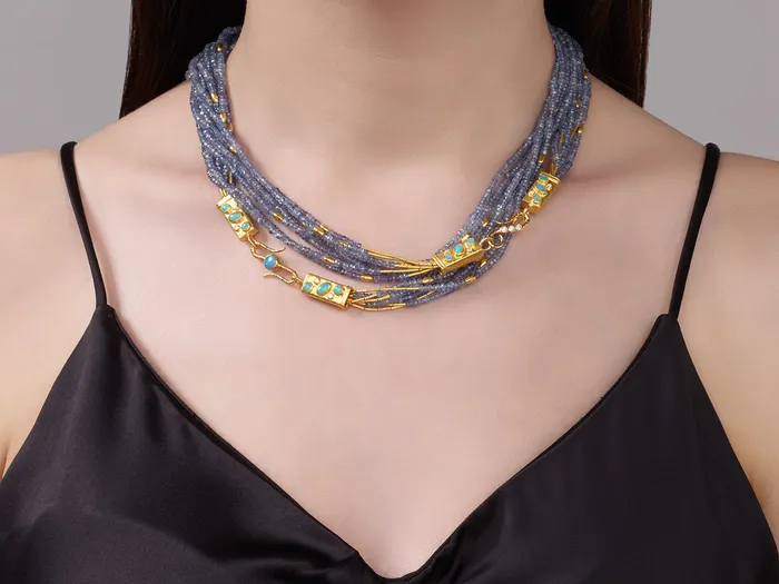 Necklaces GG GOLD OOAK GURHAN Flurries Gold Tanzanite Beaded Long Necklace 7Strand with Double S Clasp