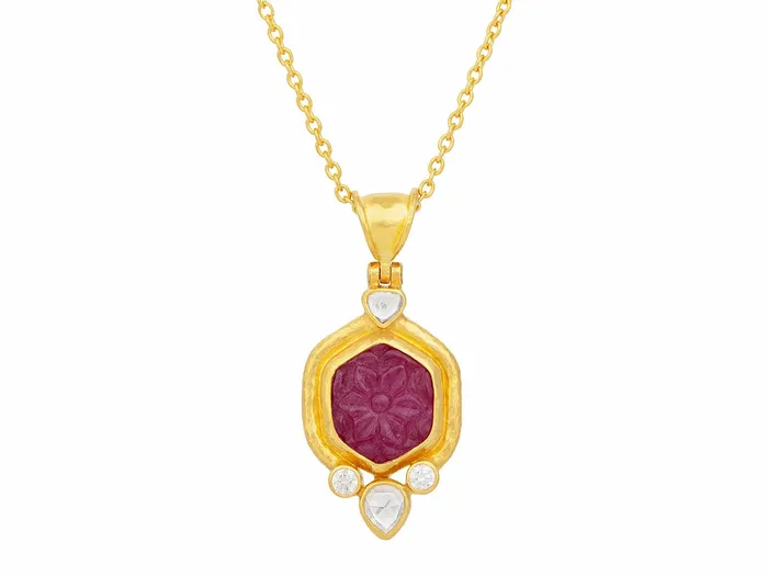 Necklaces GG GOLD OOAK GURHAN Muse Gold Ruby Pendant Necklace 14x12mm Hexagon set in Wide Frame Necklaces GG GOLD OOAK GURHAN Muse Gold Ruby Pendant Necklace 14x12mm Hexagon set in Wide Frame