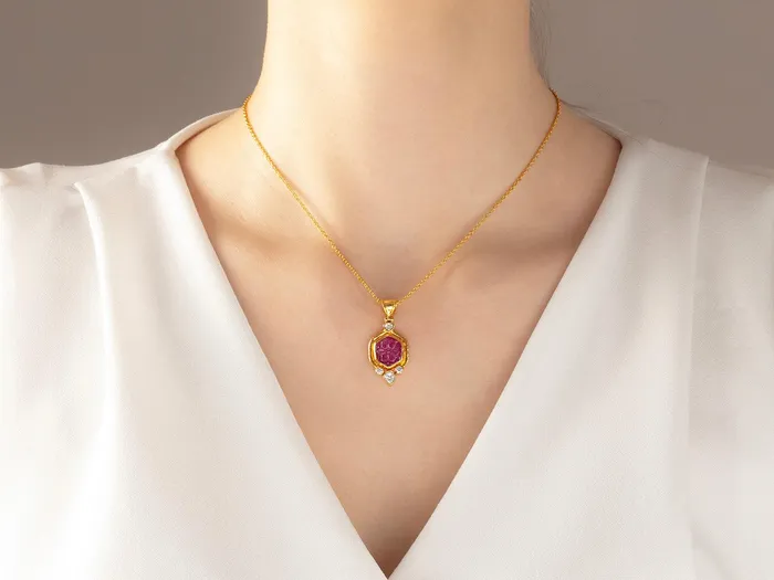 Necklaces GG GOLD OOAK GURHAN Muse Gold Ruby Pendant Necklace 14x12mm Hexagon set in Wide Frame Necklaces GG GOLD OOAK GURHAN Muse Gold Ruby Pendant Necklace 14x12mm Hexagon set in Wide Frame