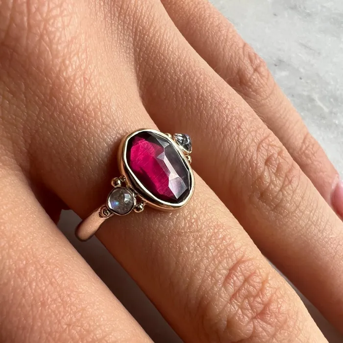 Rhodolite Garnet and Moonstone ring in 14k gold and sterling silver Emily Amey Jewelry Rings