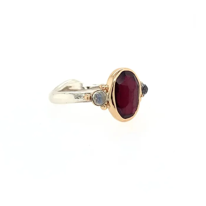 Rhodolite Garnet and Moonstone ring in 14k gold and sterling silver Emily Amey Jewelry Rings