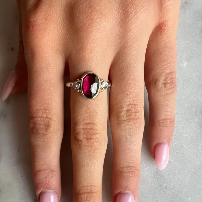 Rhodolite Garnet and Moonstone ring in 14k gold and sterling silver Emily Amey Jewelry Rings