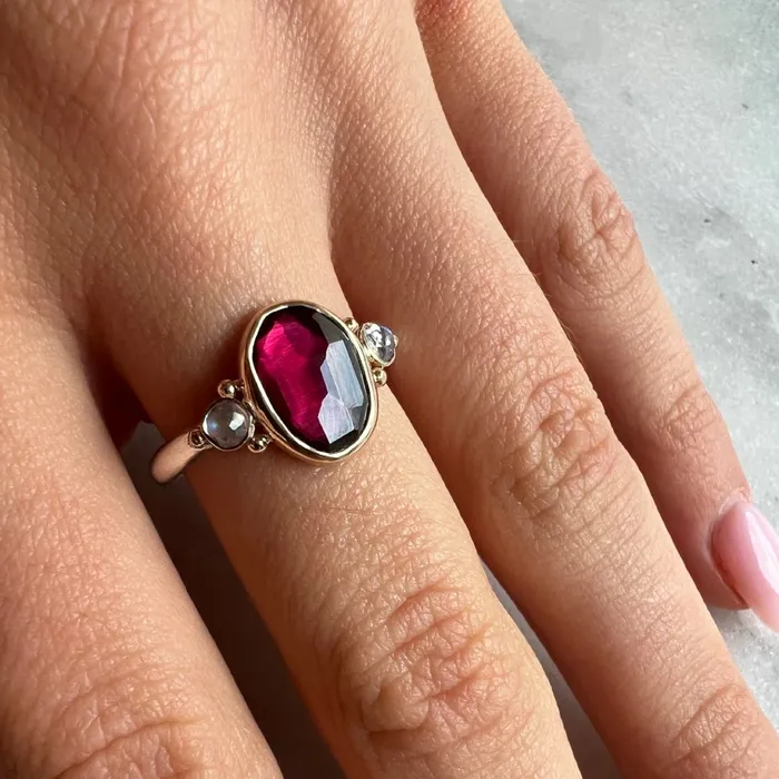 Rhodolite Garnet and Moonstone ring in 14k gold and sterling silver Emily Amey Jewelry Rings