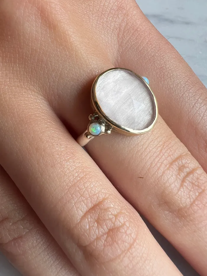 Rings Emily Amey Jewelry Rose Quartz With Australian Opals ring in 14k gold and sterling silver