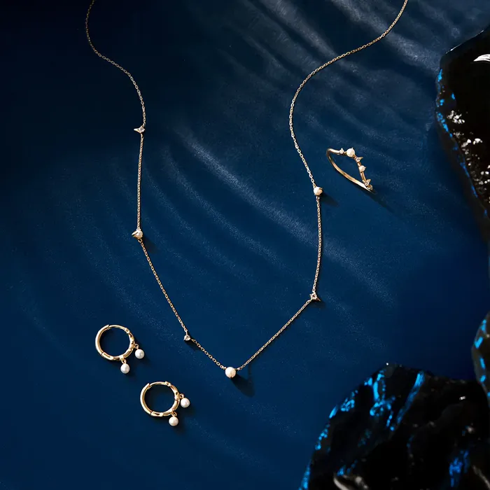 SABRINA Pearl and White Sapphire Asymmetrical Station Necklace Aurelie Gi Necklaces SABRINA Pearl and White Sapphire Asymmetrical Station Necklace Aurelie Gi Necklaces