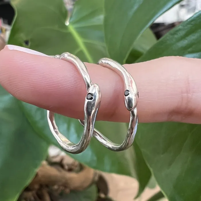 Snake Hoop Earrings with Black Diamond eyes in 14k or sterling silver Emily Amey Jewelry Earrings