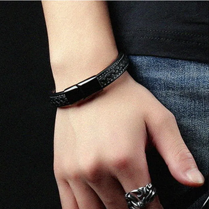 sparklingselections Bracelets Punk Braid Black Leather Bracelet for Men sparklingselections Bracelets Punk Braid Black Leather Bracelet for Men